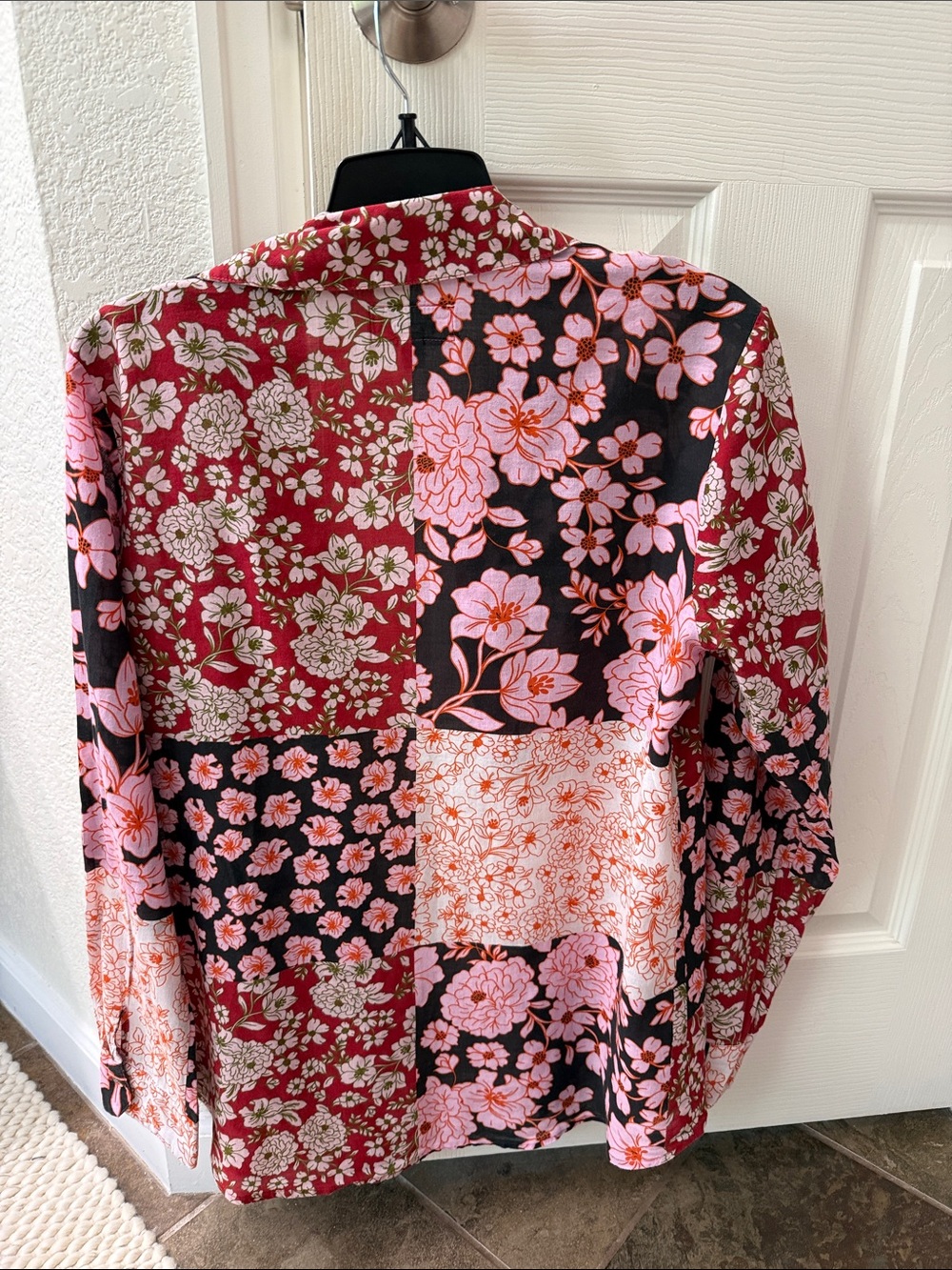 Johnny Was Red and Pink Floral Patchwork Button-Down Shirt - Picture 2 of 4